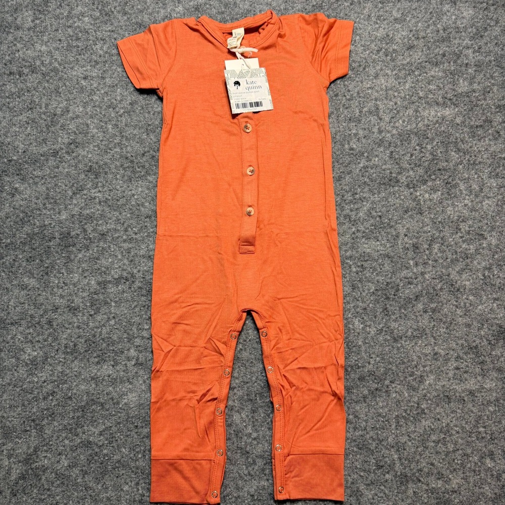 KATE QUINN Bamboo Short Sleeve Button Sport Jumpsuit Coral Spice Orange 18-24M